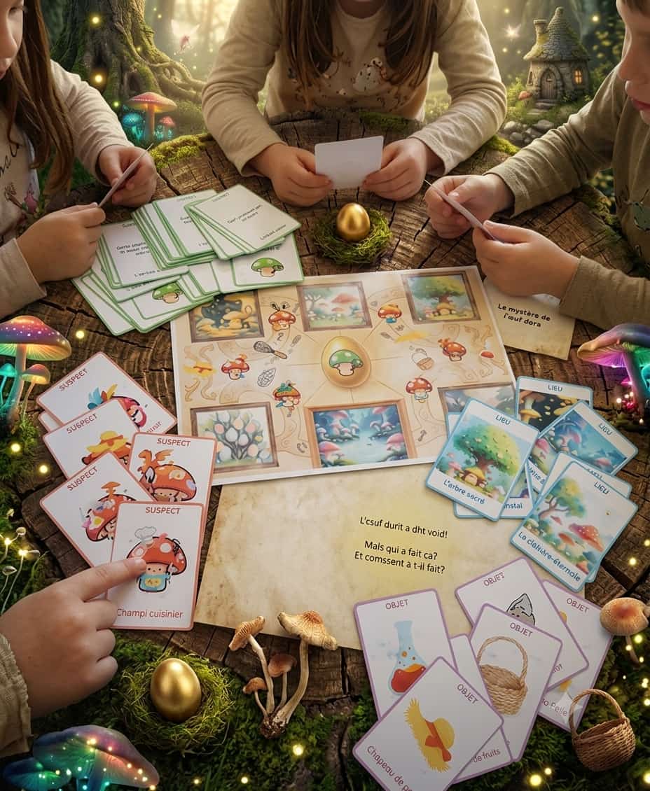 Plateau du jeu d'enquête Le Mystère de l'Œuf Doré avec pions et cartes de suspects champignons déduction logique élimination